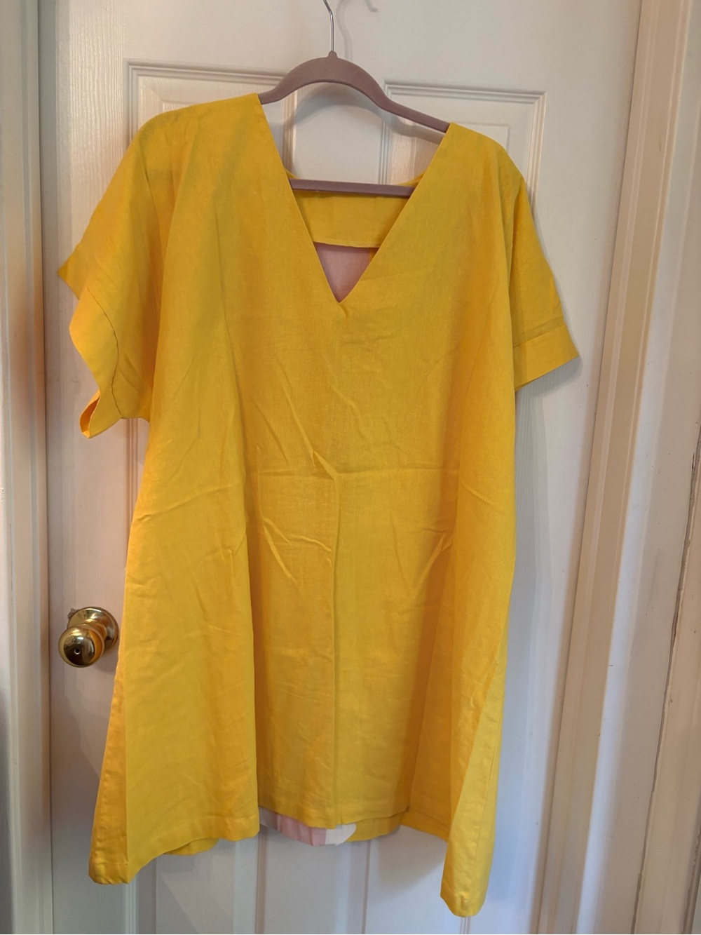 House Of MBR Women’s Yellow Short-Sleeve Dress with Pink & White Scallop Trim - Picture 2 of 3